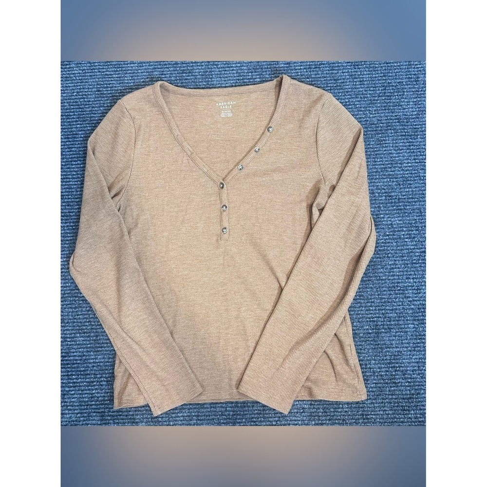 American Eagle Tan Waffle Knit Henley V-Neck Long Sleeve Top XL